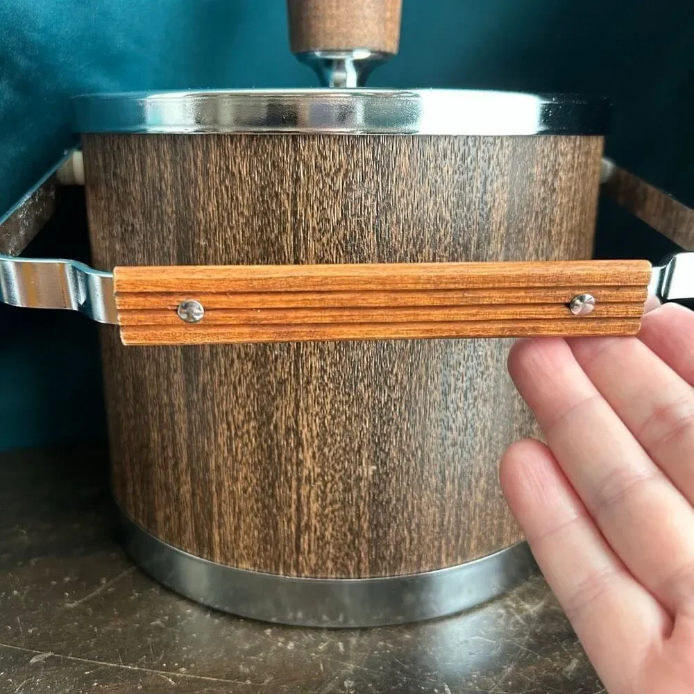 Mid-Century Atapco USA Chrome Woodgrain Ice Bucket